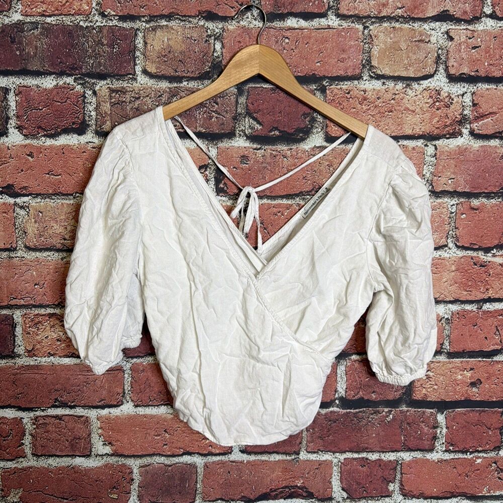 Abercrombie & Fitch Linen Blend Blouse Women M White Cropped Puff Sleeve Smocked